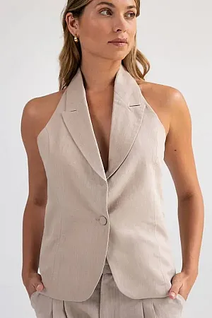 MIND MATTER - Λινό μπεζ γιλέκο με ανοιχτή πλάτη KELNA MML24-01-05-011 Μπεζ