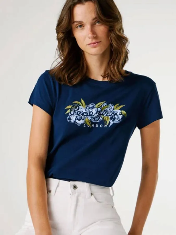 PEPE JEANS - Γυναικείο T-shirt Printed Floral Logo PL5000128 (597)  Deep Sea Blue
