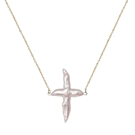 ALMYNOMA - Γυναικείο κολιέ PEARL CROSS Gold/White