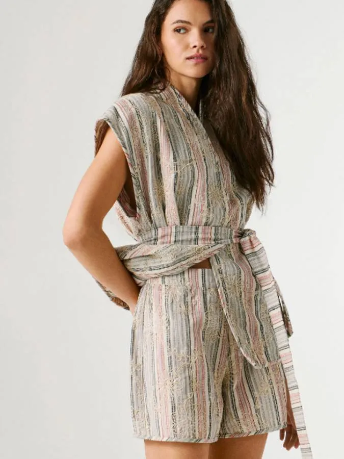PEPE JEANS - Γυναικείο γιλέκο Striped Waistcoat With Belt PL4024436 (800) White