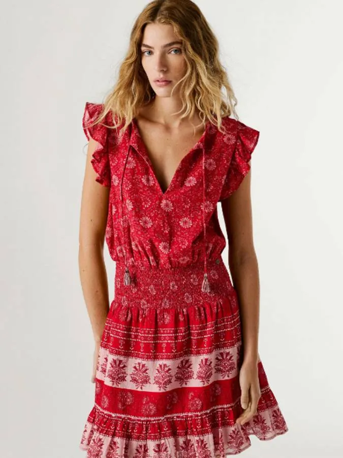 PEPE JEANS - Γυναικείο φόρεμα Floral Print Mini Dress PL9537828 (264) Royal Red